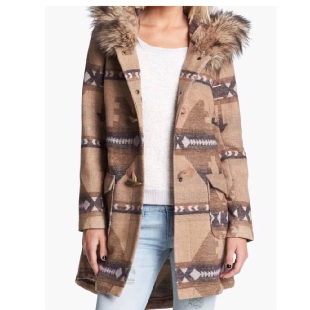 BB Dakota Tan Patterned Coat with Faux Fur
